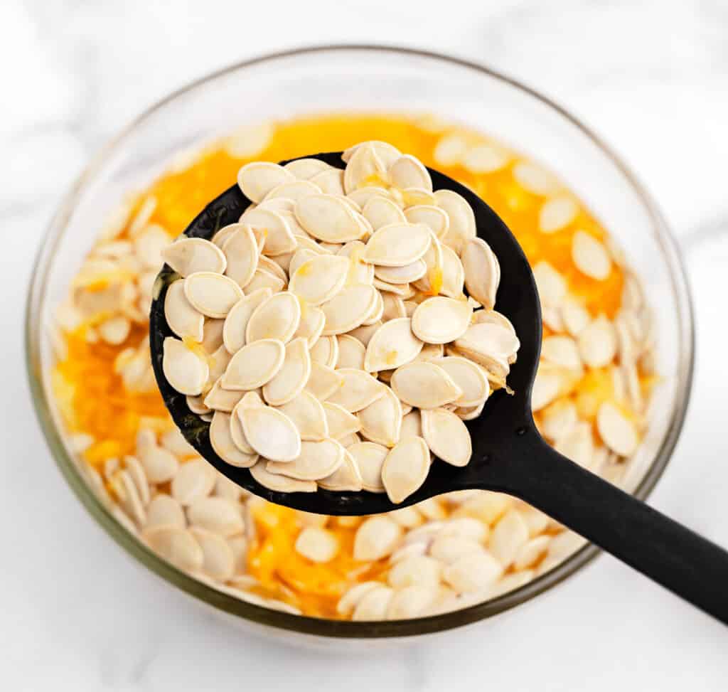 Scoop of Clean Pumpkin Seeds Scooped Out of Bowl of Water and Pumpkin Guts