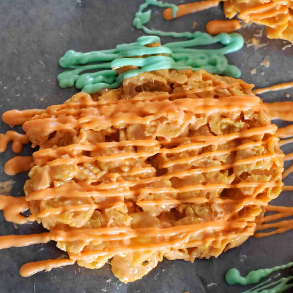 Pumpkin Corn Flake Treat Drizzled with Candy Coating