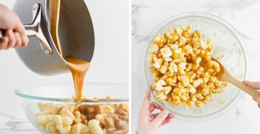 Pouring the Caramel Over Puff Corn in Bowl