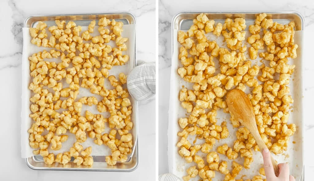 Stirring Puff Corn on Baking Sheet