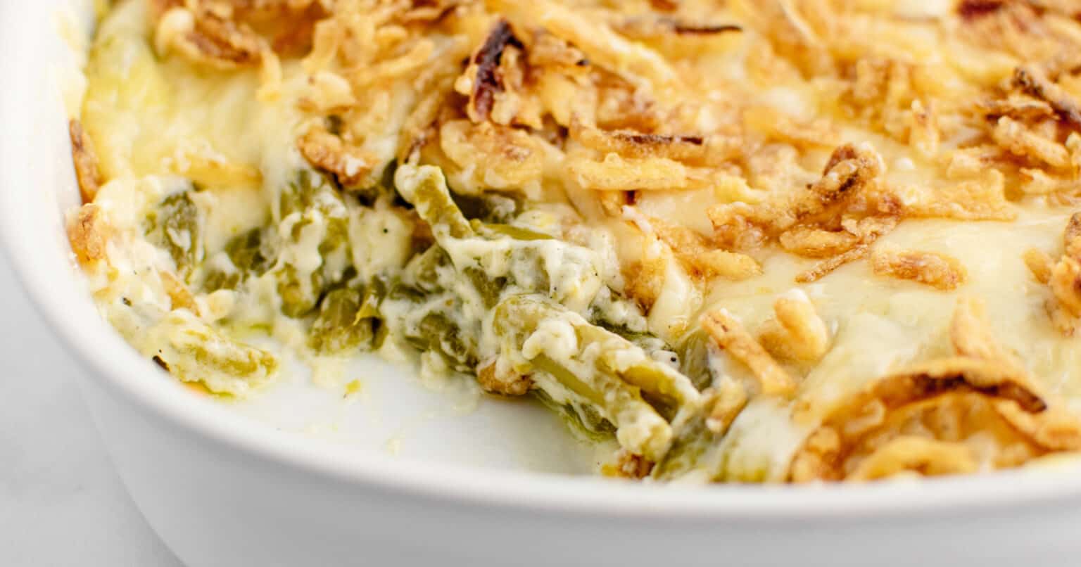 Cheesy Green Bean Casserole (Swiss Cheese & Fried Onions)
