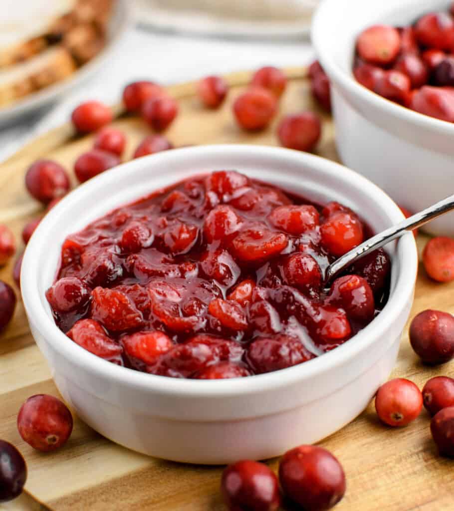 Homemade Cranberry Sauce in White Bowl with Spoon and Fresh Cranberries Surrounding