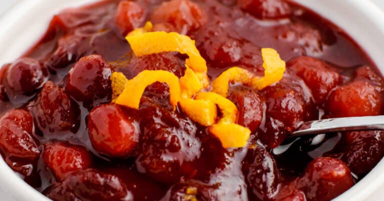 Closeup of Cranberry Sauce with Orange Zest Peel in Bowl with Spoon