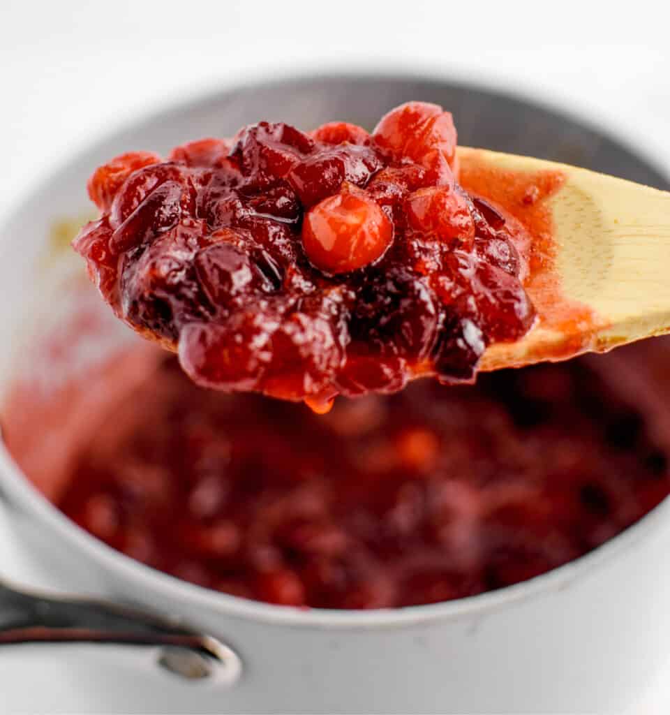 Final Cranberry Sauce on Wooden Spoon with Saucepan in the Background