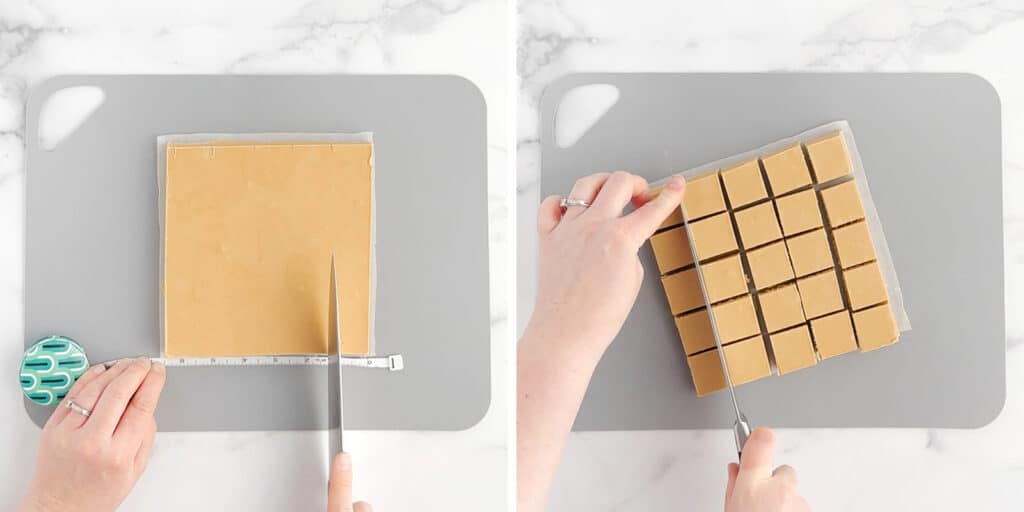 Cutting Peanut Butter Fudge with Knife on Cutting Board Mat