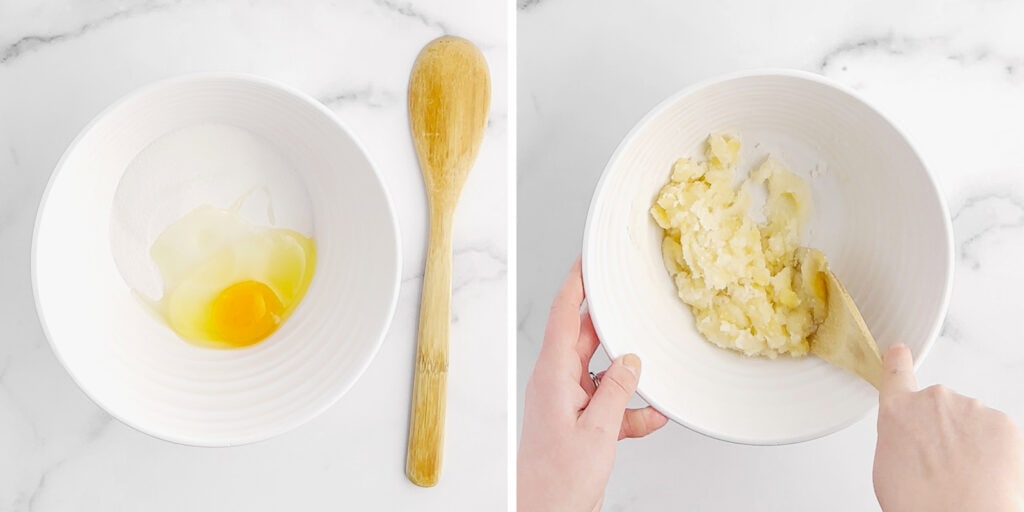 Mixing Egg and Sugar in Bowl with Wooden Spoon