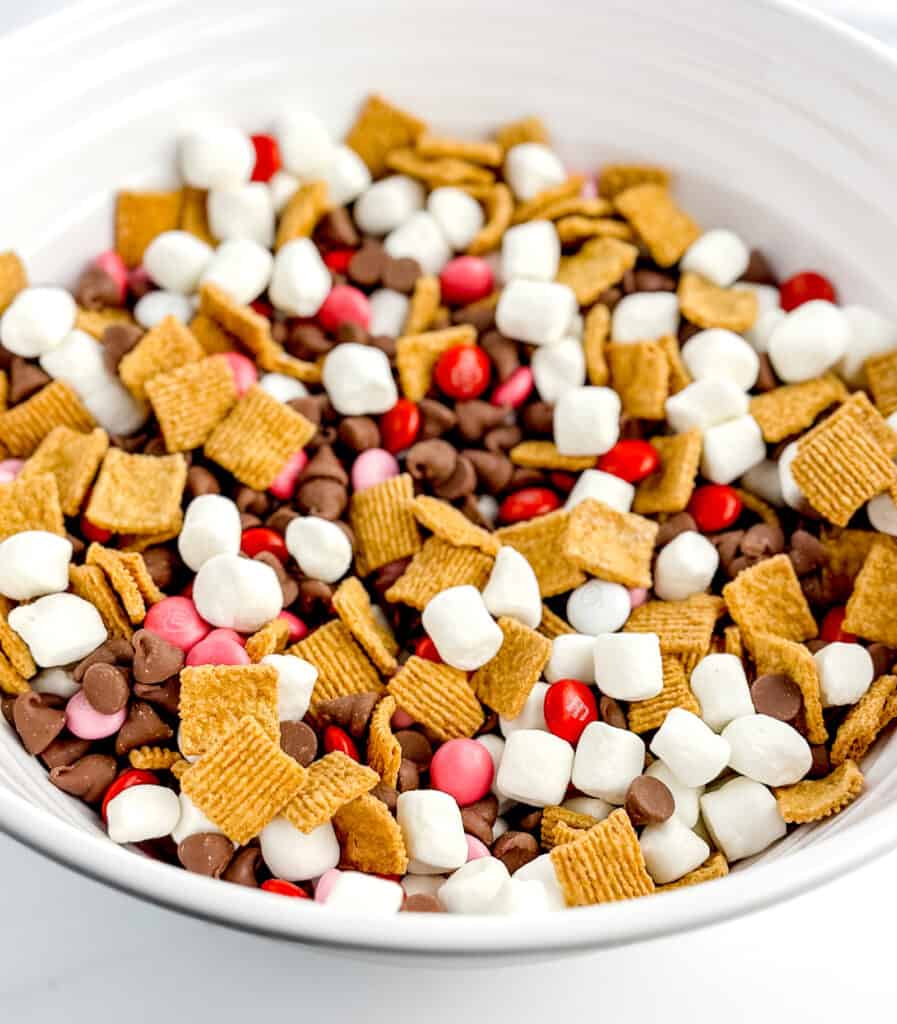 Valentines Smores Snack Mix Mixed in Bowl