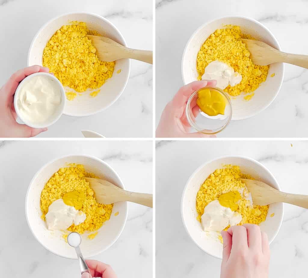 Adding Miracle Whip, Mustard, and Spices to Egg Yolks