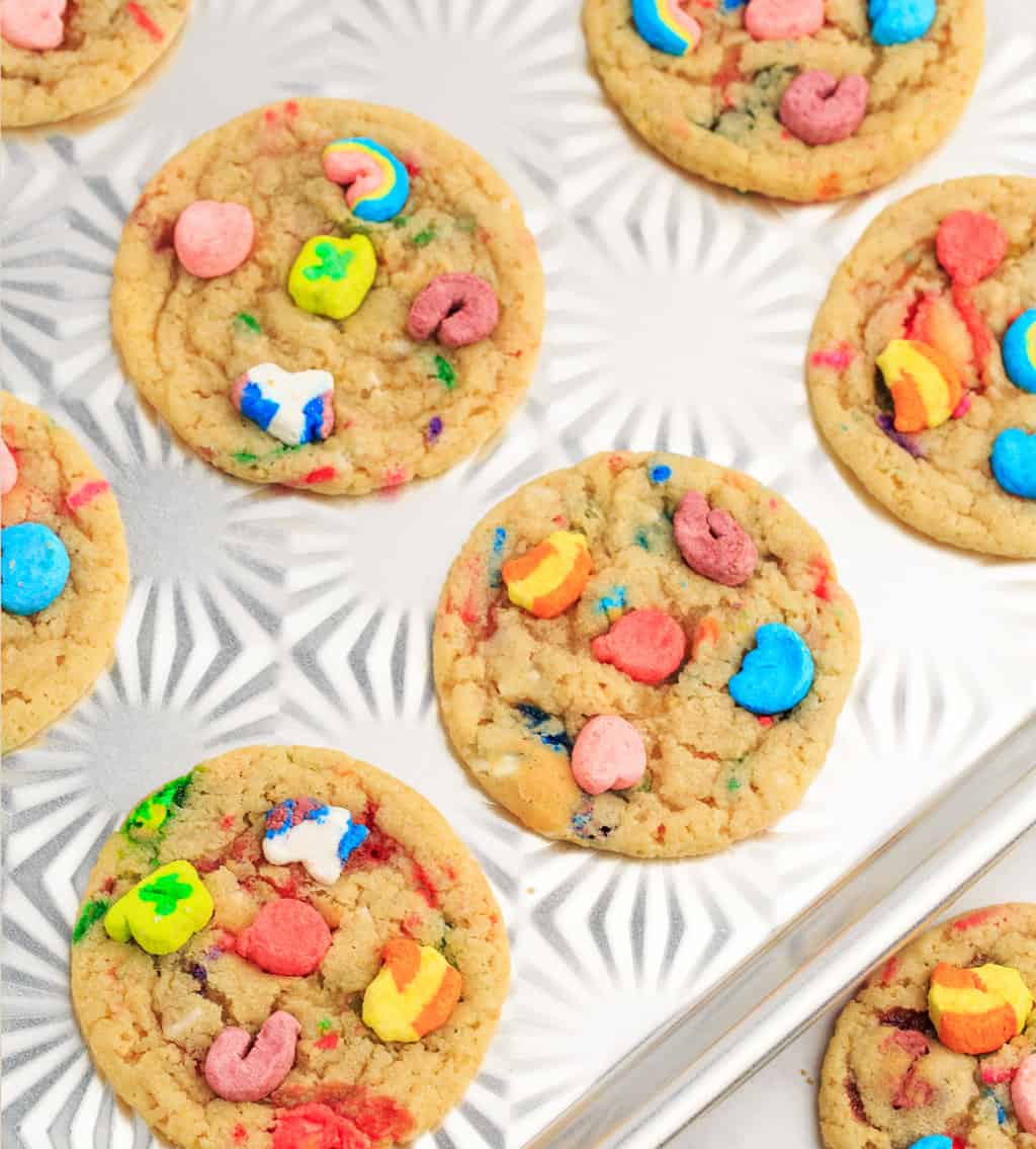 Cookies with Lucky Charms Cereal and Marshmallows on Cookie Sheet