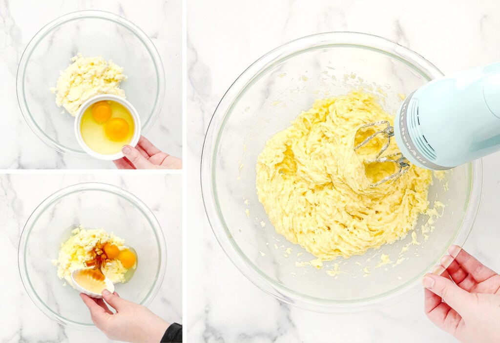 Adding Vanilla and Egg to Cookie Mixture and Mixing with Hand Mixer