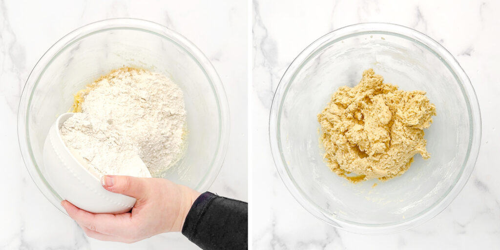 Adding Dry Ingredients to Wet Ingredients in Glass Bowl