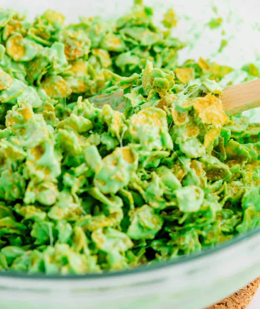 Corn Flakes Added to Green Marshmallow Mix