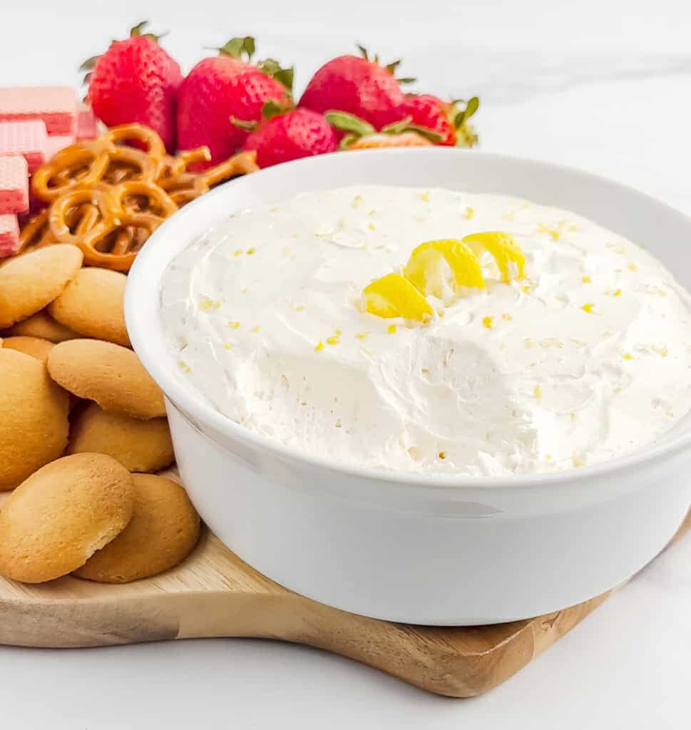 Lemon Dip with Wafers, Pretzels, and Strawberries