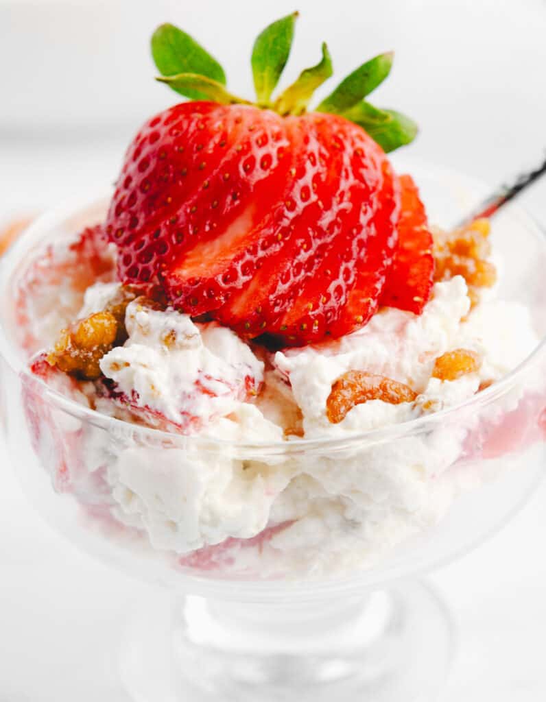 Strawberry Pretzel Salad in a Dessert Bowl with a Sliced Fresh Strawberry and Sugared Pretzels on Top