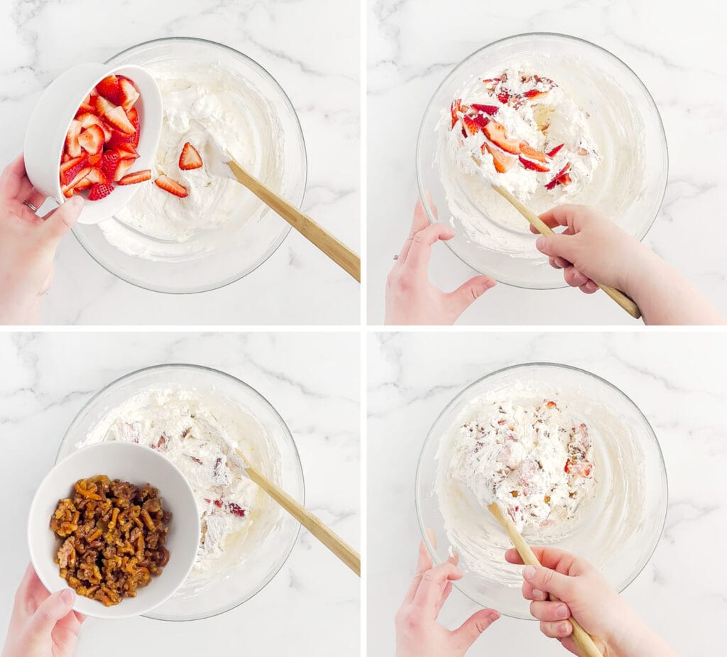 Adding Strawberries and Sugared Pretzels to the Salad