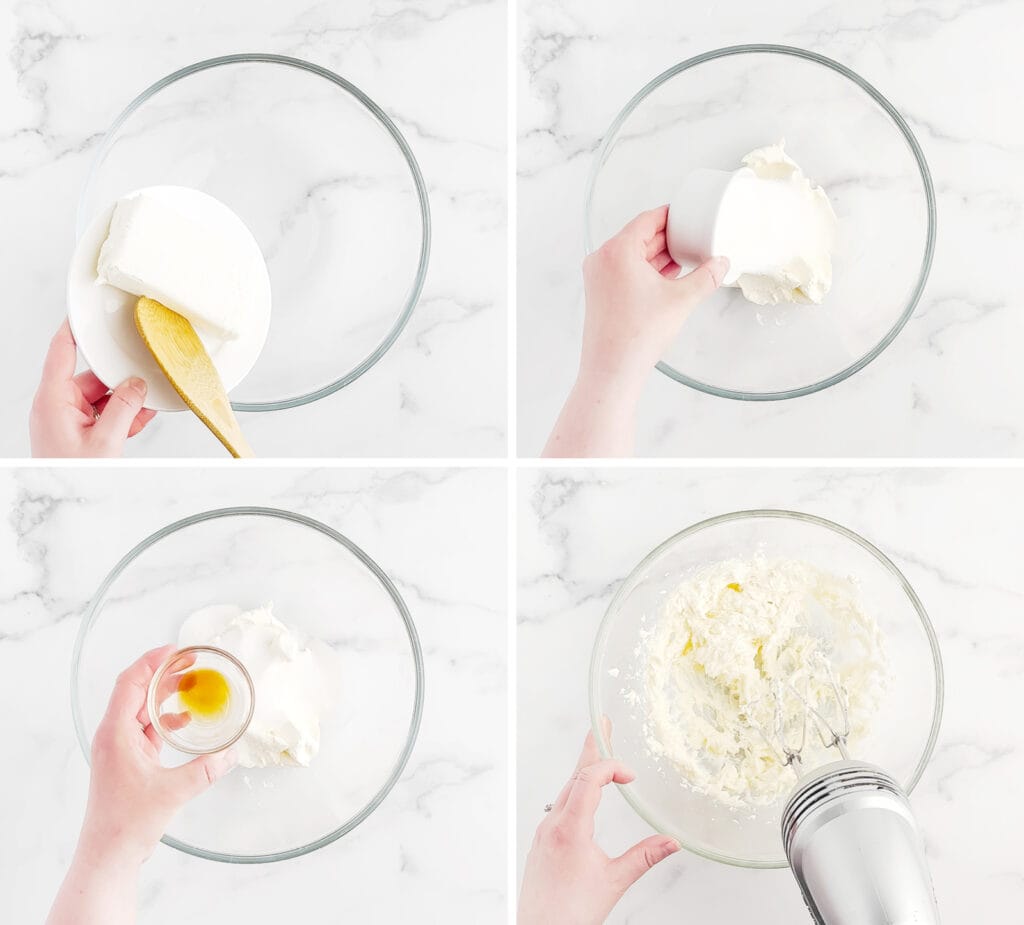 Mixing Together Cream Cheese, Sugar, Vanilla, and Cool Whip in Glass Bowl