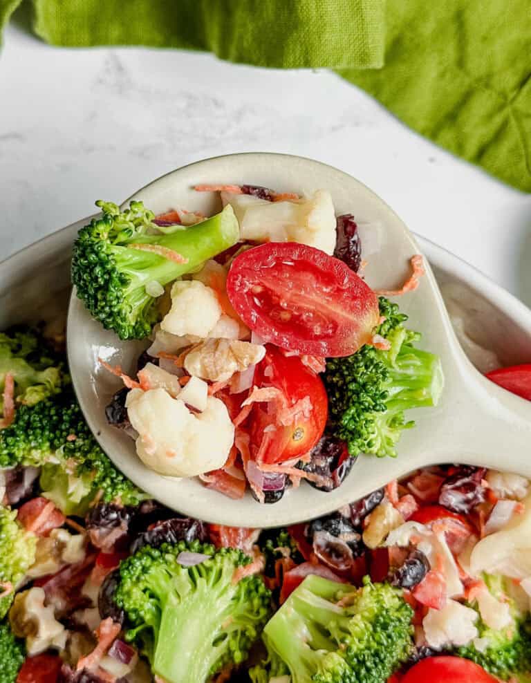 Broccoli and Cauliflower Salad on Serving Spoon