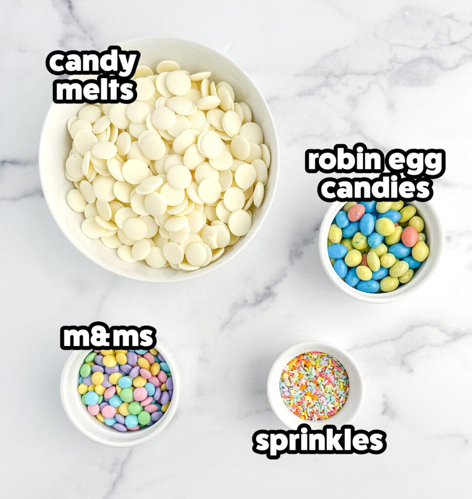 Easter Bark Ingredients in Bowls - Candy Melts, Robin Egg Candies, M&Ms, and Sprinkles