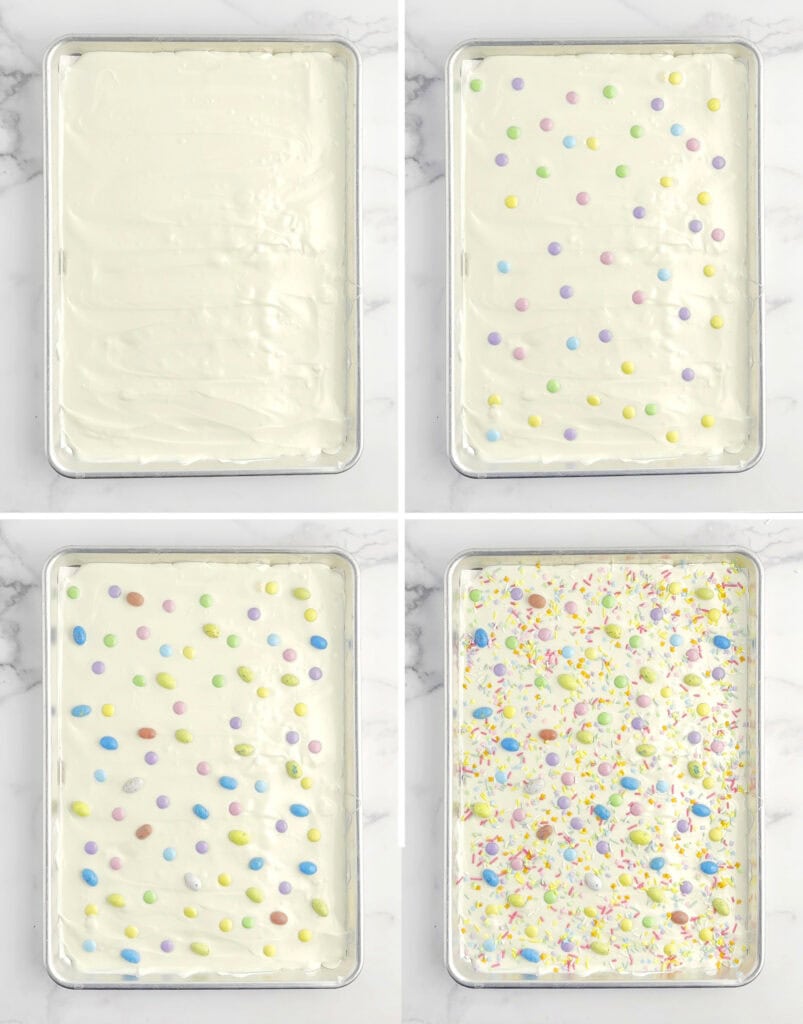 Decorating White Chocolate Melted on Baking Sheet with Pastel Candies