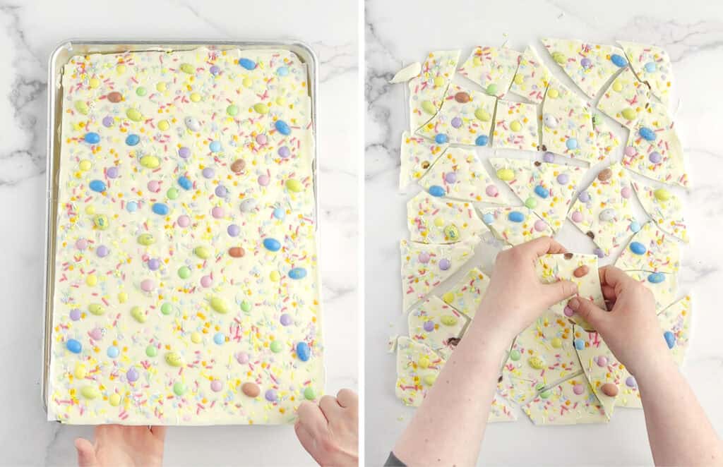 Breaking White Chocolate Bark Into Pieces on Baking Sheet