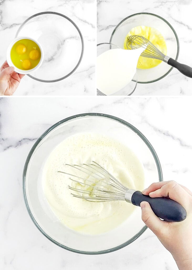 Mixing Eggs and Milk for Crepe Batter in Glass Bowl