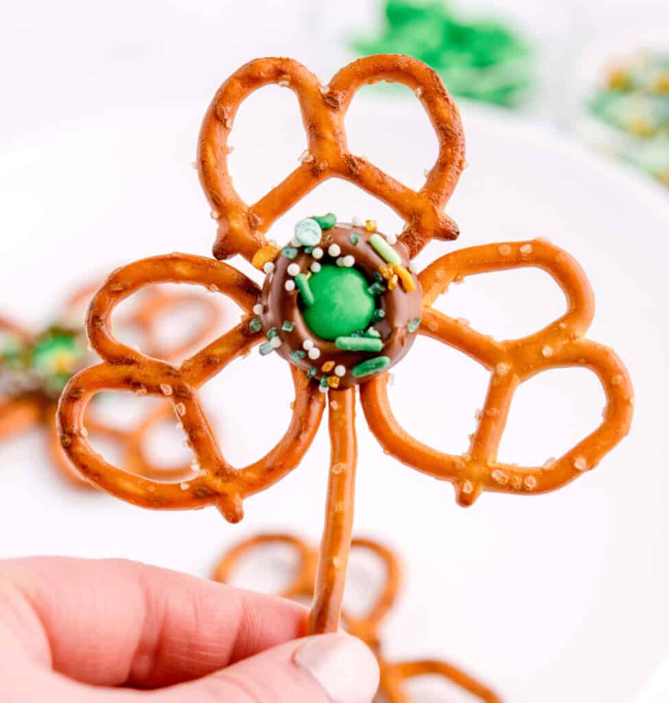 Hand Holding 3 Leaf Clover Pretzel Pop