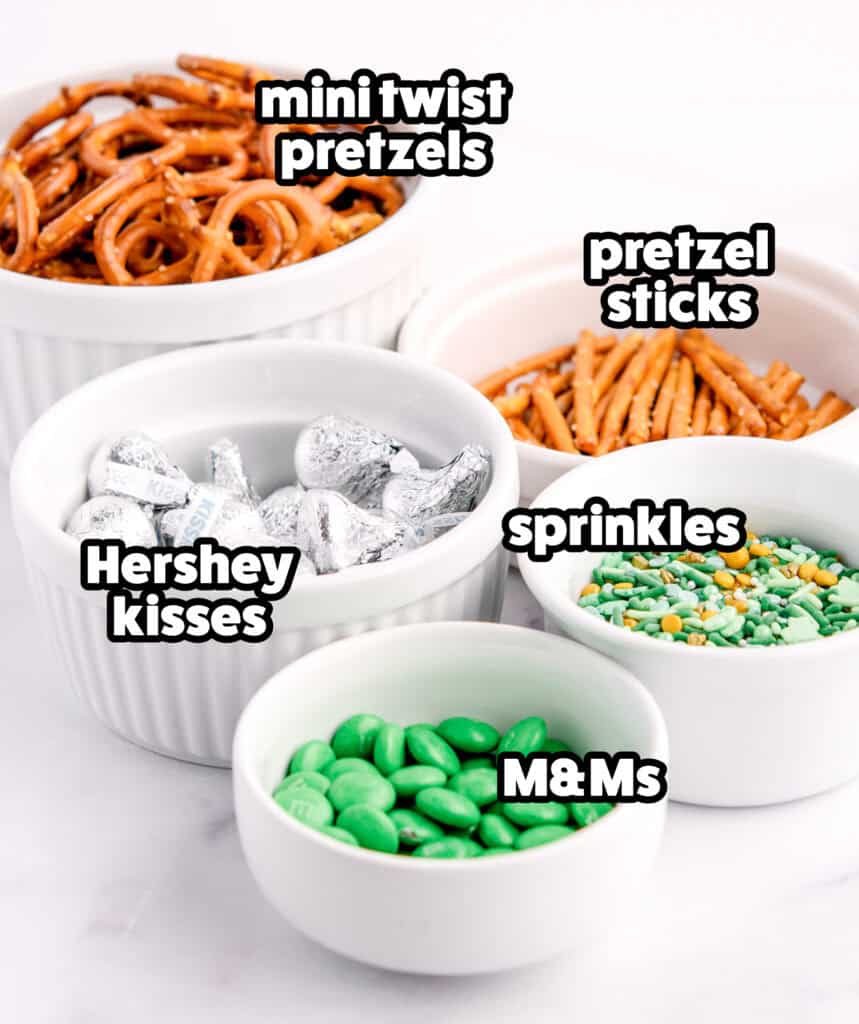 Ingredients in Bowls - Pretzels, Hershey Kisses, M&Ms, and Sprinkles