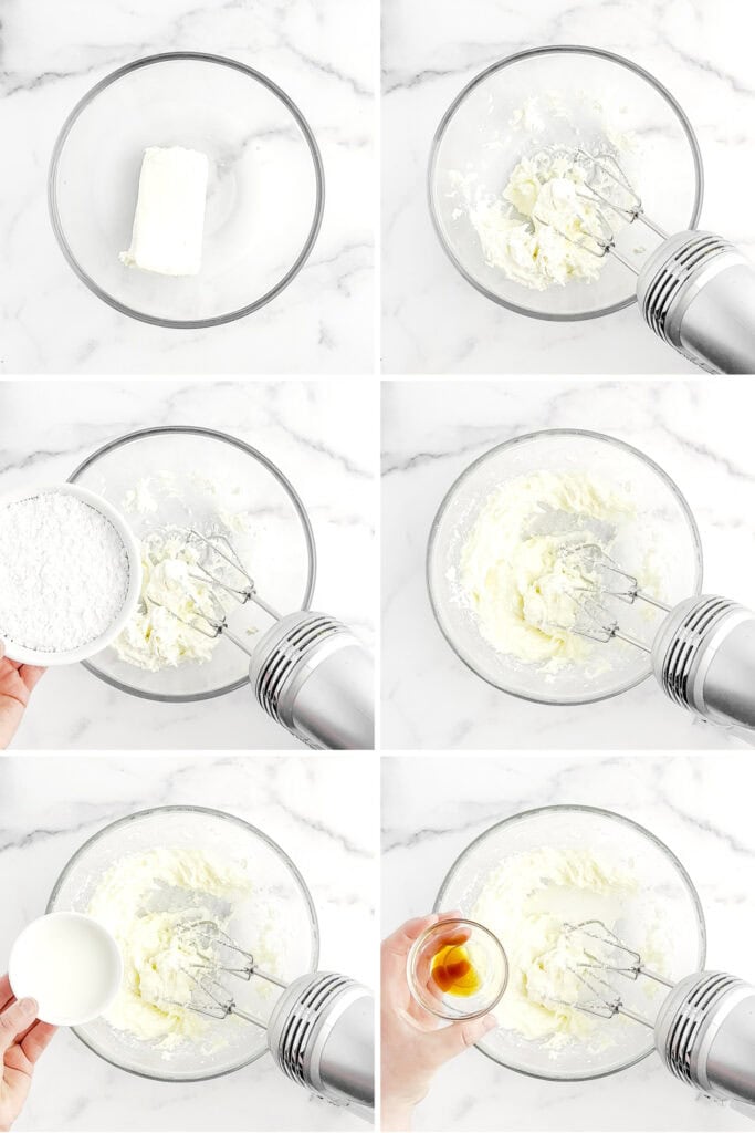 Mixing Cream Cheese, Powdered Sugar, Milk, and Vanilla in Bowl