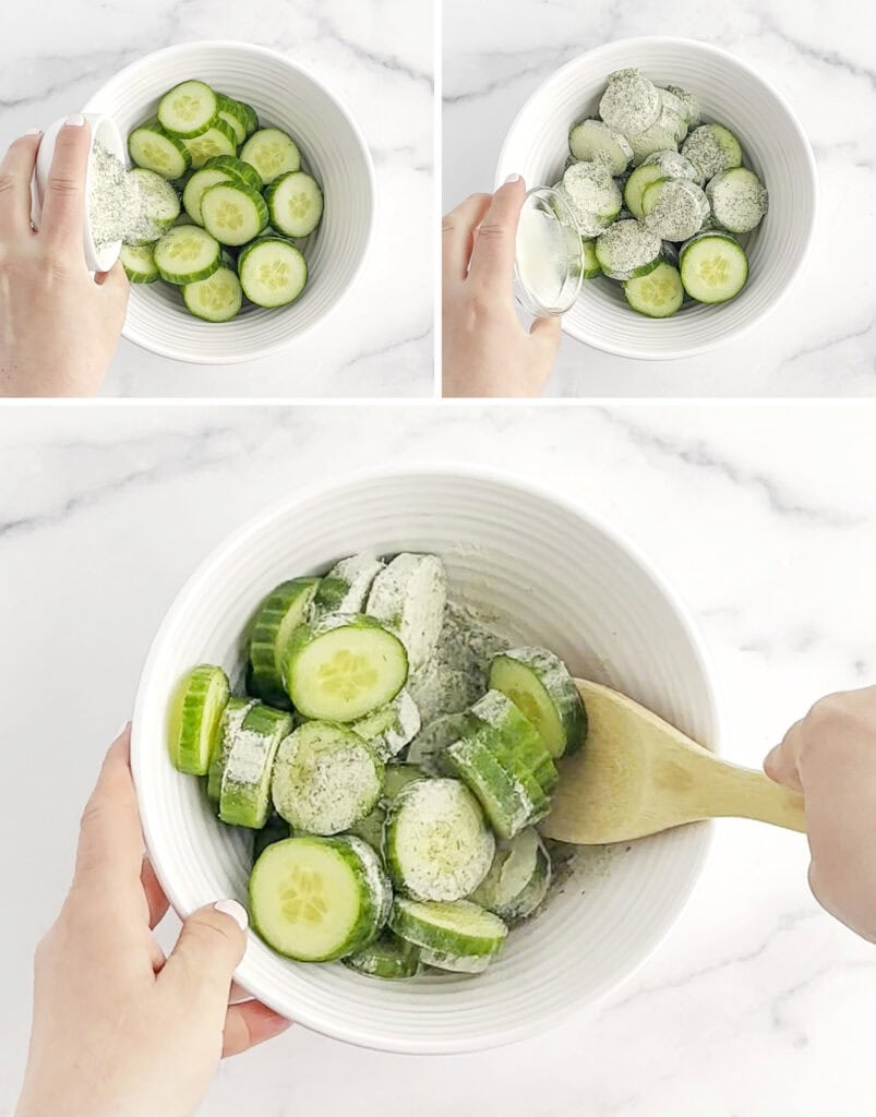 Adding Ranch Mix and Lemon Juice to Cucumbers in Bowl