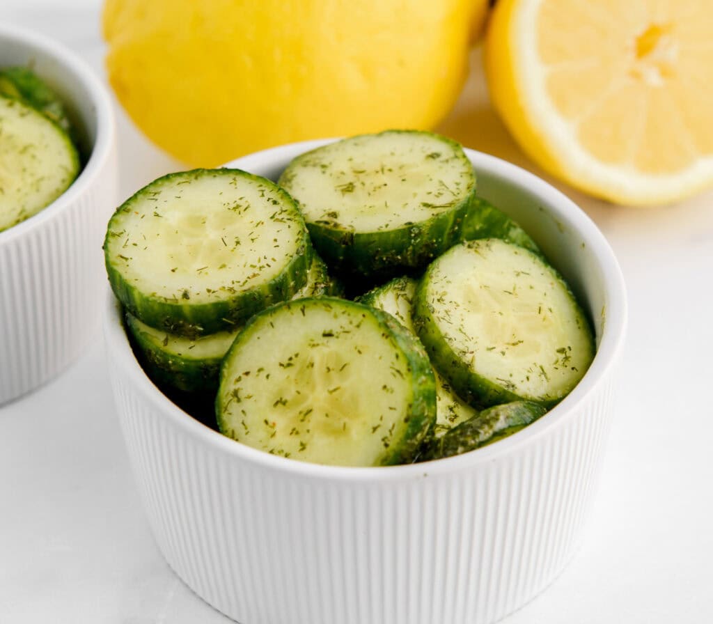 Ranch Cucumbers in Bowl Closeup